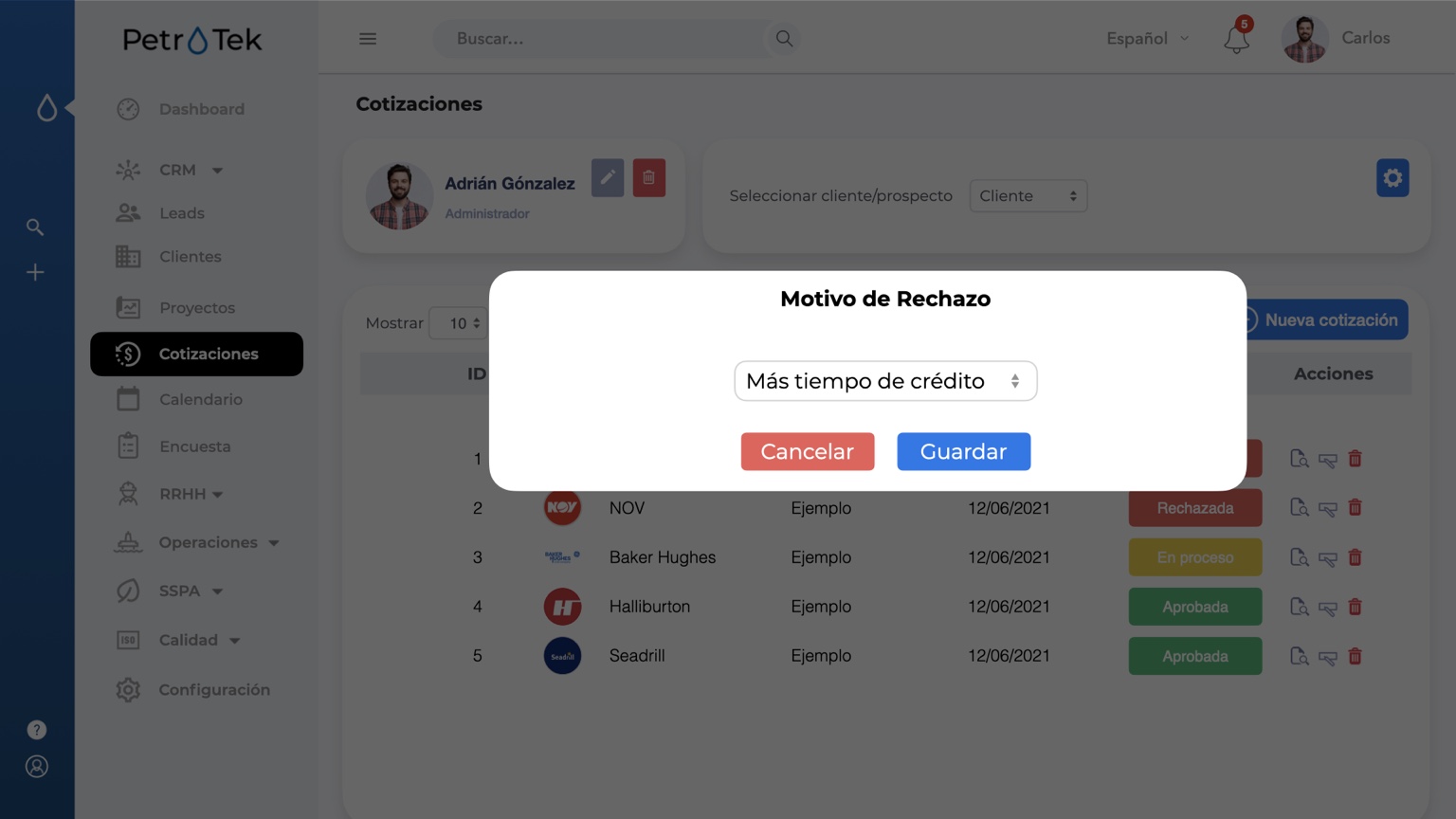 Motivo de rechazo de cotización